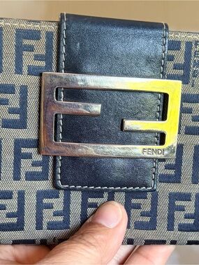 Fendi Beige Canvas FF Logo Wallet with Navy Trim and silver Buckle
